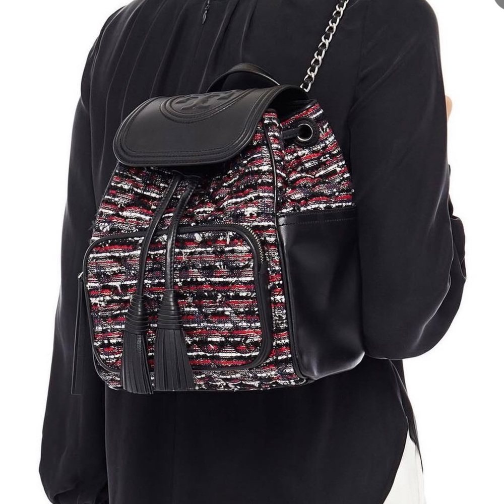 Tory Burch Fleming red/black tweed /leather backpack - Picture 2 of 7